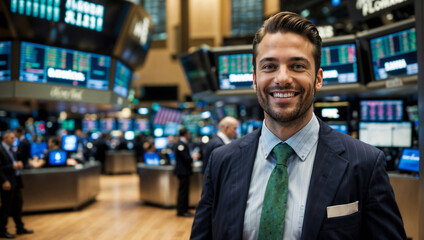 Fototapeta premium Uomo d'affari, broker finanziario sorridente e fiducioso all'interno della borsa dove si scambiano le azioni