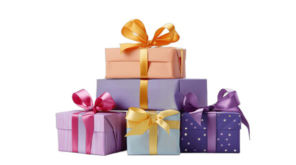 Obraz premium A stack of colorful presents with ribbons and bows on a solid white surface. 