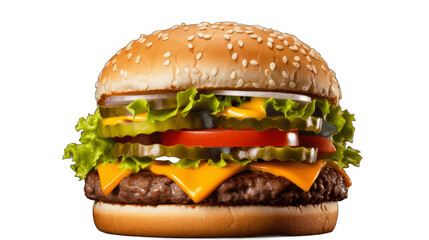 A juicy hamburger with lettuce, tomato, and cheese on a solid white background.
