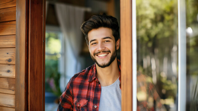 Portrait Of A Handsome Young Man Opening A Door, Welcoming The Guests Into His House, Showing Hospitality And Friendliness. Looking At The Camera And Smiling. Greeting People Or Neighbor Visitors