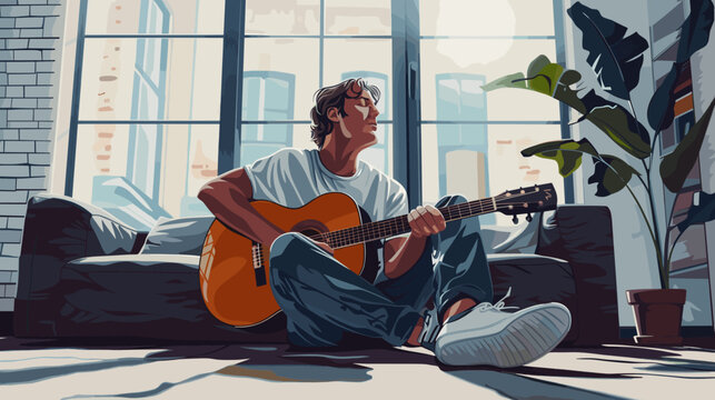Vector illustration a man sitting on the floor, leaning against a sofa as he plays an acoustic guitar.