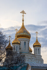 Golden domes and crosses of the cathedral. Church of the Resurrection of Christ and the New Martyrs and Confessors of the Russian Church. Sretensky Monastery, Moscow, Russia.