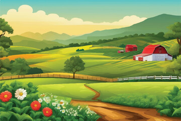 Illustrated landscape of a farm for background. Beautiful Farm landscape Illustration background. Road to a peaceful farm. Vector illustration of beautiful summer fields landscape. Rural landscape.