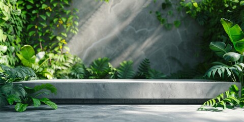 Natural stone and concrete podium set against a backdrop of lush greenery