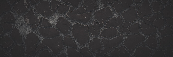 Texture of old cracked artificial leather. Faded dark wide panoramic background for design. The...