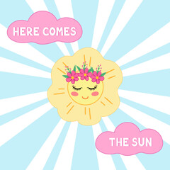 Here comes the sun with clouds. Vector Illustration for printing, backgrounds, covers and packaging. Image can be used for greeting cards, posters, stickers and textile. Isolated on white background.
