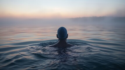 Solitary Swimmer in Calm Lake at Dawn with Mist Rising and Serene Sunrise Horizon