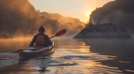 Solo Adventure Canoeist Paddling at Sunrise on Serene Mountain Lake with Mist and Golden Sunlight