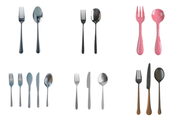 Spoon fork and knife set collection in 3d png transparent using for presentation.