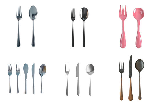 Spoon fork and knife set collection in 3d png transparent using for presentation.