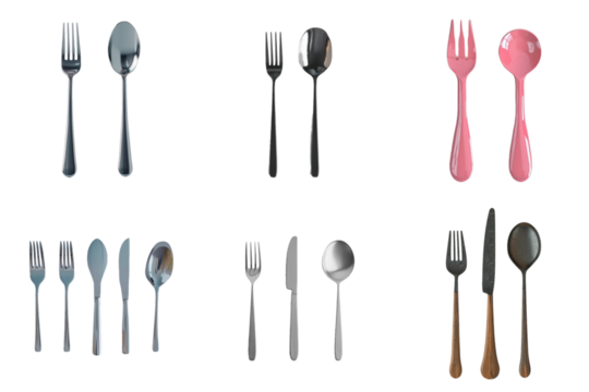 Spoon fork and knife set collection in 3d png transparent using for presentation.