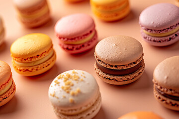 Obraz premium beautiful curated French macarons baked for cafe bakery patisserie with pastel pink flatlay background in different colorful flavours magazine editorial photography pastry, dessert pink
