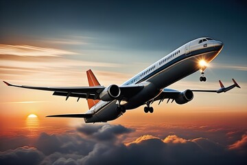 photograph of Commercial airplane flying dramatic during sunset.