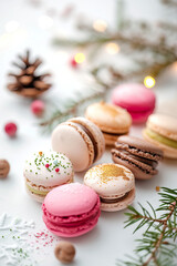 beautiful curated French macarons baked cafe bakery patisserie with winter christmas spice flatlay background in different colorful flavours magazine editorial photography pastry, dessert seasonal 