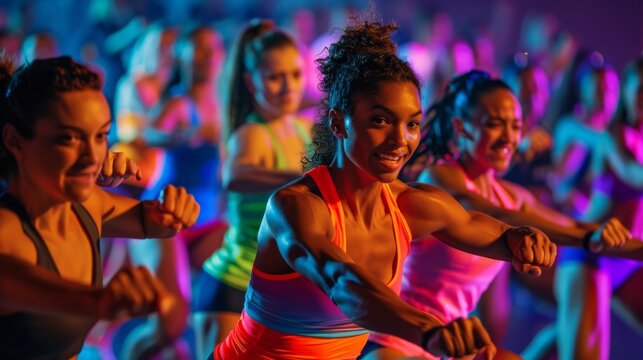 Energetic Dance Fitness Class Enjoying an Exciting Workout Session in Neon Lights