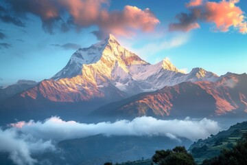 A beautiful natural landscape featuring a high mountain in the morning light