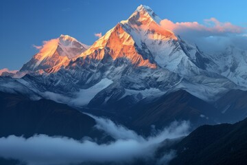 A high mountain bathed in the morning light amid a stunning natural landscape