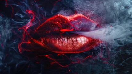 closeup of woman female lips with smoke from cigarette
