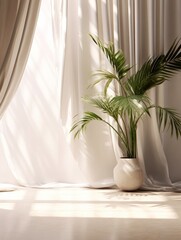 White blowing sheer curtain in sunlight in beige brown wall, marble floor empty room with variety of green tropical plant in pots for luxury beauty, interior decoration, Generative AI
