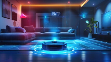 modern vacuum cleaner cleaning in office or living room full of blue light, technology concept background