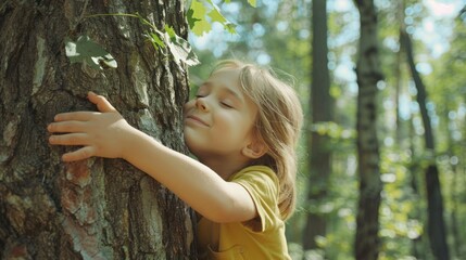 young child hugging tree, carbon neutral green concept