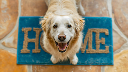 Closeup of a happy golden retriever dog smiling at the camera, standing on a blue doormat or welcome mat with the text "Home" on a floor indoors, in a house interior. Doorway pet welcoming the guests - Powered by Adobe