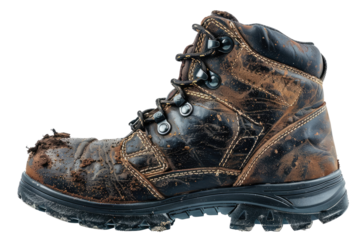 old brown leather rugged worker boots shoes with mud and dust isolated on white or transparent png