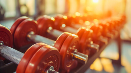 Closeup row of red dumbbells in a modern gym interior room or workout club indoors. Training and exercise equipment, healthy lifestyle, weights for strength training, nobody, sunlight, copy space