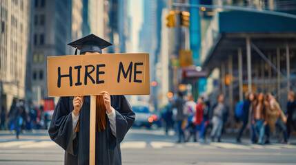 Female student wearing a graduation gown and a cap, young teenage girl standing on a city street and holding up a sign with text "HIRE ME." Looking for a job with a degree, career after college