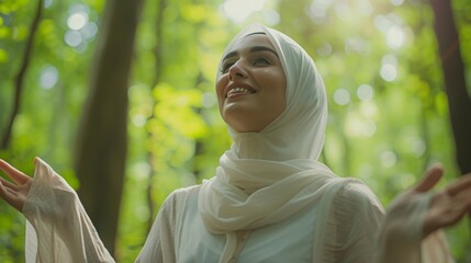 Overjoyed woman in hijab immersed in the serene beauty of lush green nature