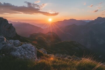 Discover the enchanting beauty of mountains bathed in the warm glow of a summer sunset - obrazy, fototapety, plakaty