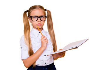 Close up studio photo portrait of little cute contemplating sweet with two ponytails long hairdo...