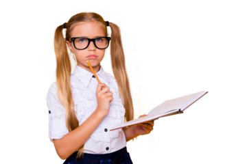 Close up studio photo portrait of little cute contemplating sweet with two ponytails long hairdo schoolchild looking up holding notebook in hand solving hard test isolated bright background
