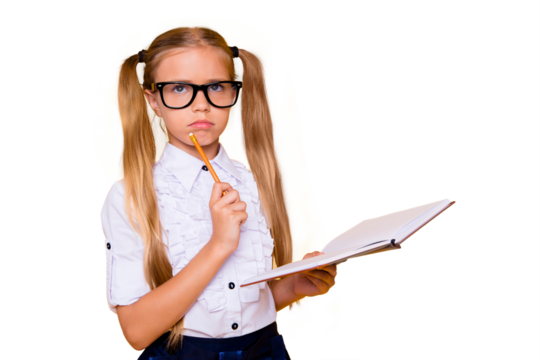 Close up studio photo portrait of little cute contemplating sweet with two ponytails long hairdo schoolchild looking up holding notebook in hand solving hard test isolated bright background
