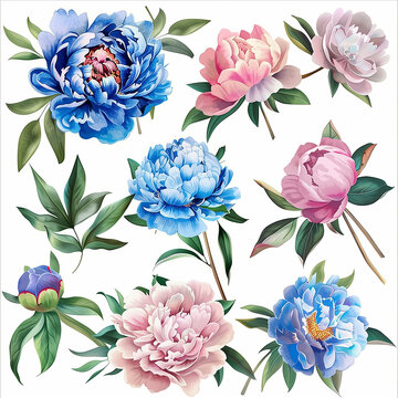Set of  Pink and Blue Peony Bloom Isolated on White Background. Collection of watercolor floral branches, flowers and plants in vintage style.