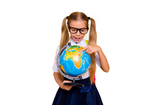 Tourism courses teacher lifestyle person teenager people concept. Close up photo portrait of excited cheerful cute clever intelligent girl holding sphere in hand isolated bright background