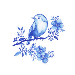 Blue robin bird sitting on a branch in Toile de Jouy fabric style. Hand drawn monochrome watercolor painting illustration isolated on white background - 745706812