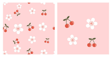 Seamless pattern with cherry fruit and cute flower on pink background. Red cherry with green leaves and white flower icon sign vector.
