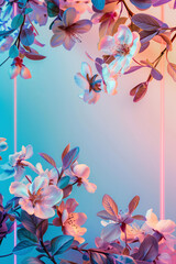 rectangular neon frame on pink and blue gradient background with spring flowers blooming