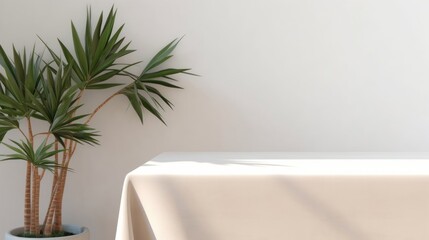 Soft beige cotton tablecloth on counter table, tropical dracaena tree in sunlight on white wall background for luxury fresh organic cosmetic, skincare, beauty treatment product display, Generative AI