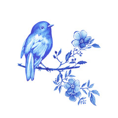 Blue robin bird sitting on a branch in Toile de Jouy fabric style. Hand drawn monochrome watercolor painting illustration isolated on white background - 745706874
