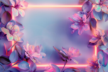 Fototapeta na wymiar rectangular neon frame on pink and blue gradient background with spring flowers blooming