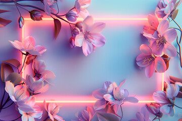 rectangular neon frame on pink and blue gradient background with spring flowers blooming