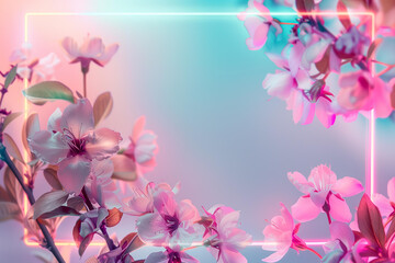 rectangular neon frame on pink and blue gradient background with spring flowers blooming