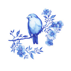 Blue robin bird sitting on a branch in Toile de Jouy fabric style. Hand drawn monochrome watercolor painting illustration isolated on white background - 745707006