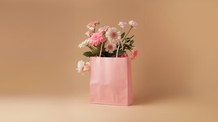 bouquet of spring flowers in a pink shopping bag isolated on a beige background