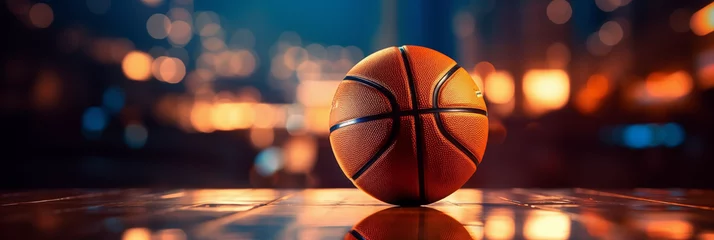 Fotobehang Konzept Banner Basketball, leuchtender Hintergrund, Basketballkorb, glänzender und leuchtender Boden © GreenOptix