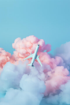 
toy model of a passenger plane on a pastel blue background with pink clouds