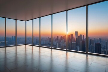 Empty modern interior space or Empty Business Office Interior with skyscraper city view in sunset