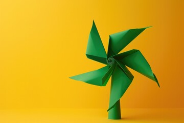 Whimsical Green Paper Pinwheel on Vibrant Yellow - A Generative AI